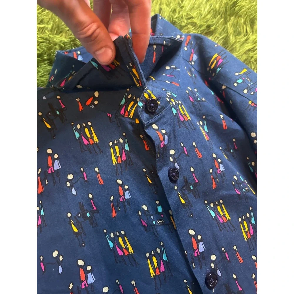 Jared Lang Button Down Men L Navy Blue AfterHours Slim Fit Abstract People Print